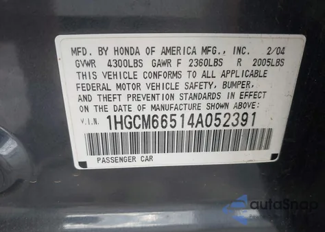 2004 Honda Accord 3.0 Ex z USA, uszkodzony, nr VIN 1HGCM66514A052391